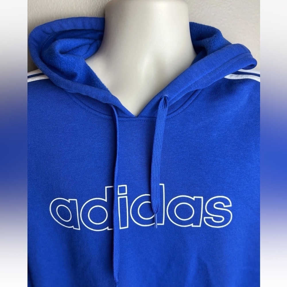 Adidas Hoodie Men's M Medium Blue Pullover White Stripes Logo Long Sleeve - Picture 3 of 8